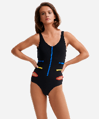 Damen Einteiler Uni - Mehrfarbiger Badeanzug für Damen mit Reißverschluss – Vilebrequin x JCC+ – Limitierte Serie, Schwarz Vorderseite getragene Ansicht
