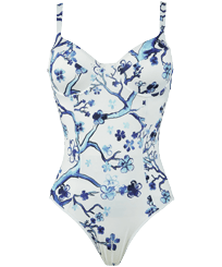 Women One piece Printed - Women V-neckline One-piece Swimsuit Cherry Blossom, Sea blue front view