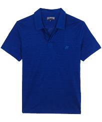 Men Others Solid - Men Linen Jersey Polo Shirt Solid, Batik blue front view