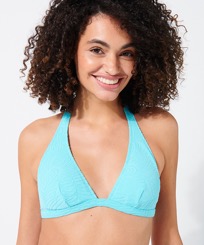 Top de bikini anudado alrededor del cuello con estampado Plumes Jacquard para mujer Lazulii blue vista frontal desgastada