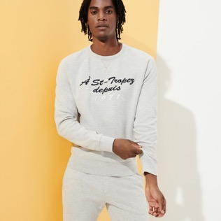 Men Others Embroidered - Men cotton crewneck sweatshirt solid, Lihght gray heather front worn view