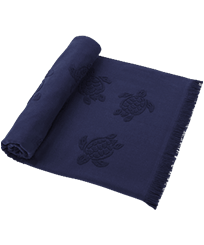 Others Solid - Beach Fouta in Organic Cotton Turtles Jacquard, Navy front worn view
