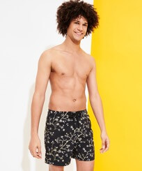 Men Classic Embroidered - Men Swim Trunks Embroidered Cherry Blossom - Limited Edition, Black front worn view