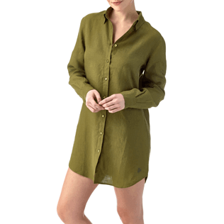 Donna Altri Unita - Camicia lunga in lino, Cachi frontworn Donna Altri Unita - Camicia lunga in lino, Cachi frontworn