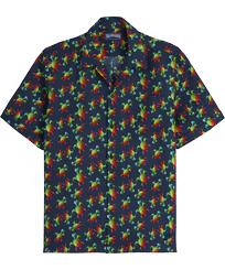 Camicia uomo bowling in lino Tortues Rainbow Multicolor - Vilebrequin x Kenny Scharf Blu marine vista frontale