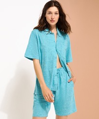 Men Others Solid - Unisex Linen Bowling Shirt Solid, Heather azure women front worn view