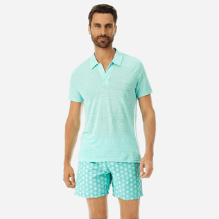 Men Others Solid - Men Linen Jersey Polo Shirt Solid, Mint frontworn Men Others Solid - Men Linen Jersey Polo Shirt Solid, Mint frontworn