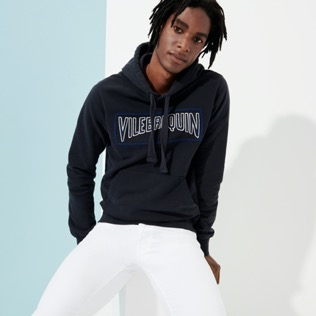 Men Others Embroidered - Men Embroidered Cotton Hoodie Sweatshirt Solid, Navy details view 5