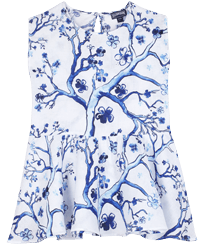 Girls Others Printed - Linen Girls Dress Cherry Blossom, Sea blue front view