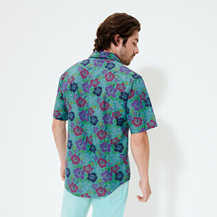 Uomo Altri Stampato - Camicia uomo stile bowling in chambray, Verde acqua vista indossata posteriore
