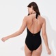 Women Fitted Solid - Women Halter One-Piece Swimsuit Plumes Jacquard, Black back worn view