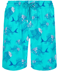 Men Long classic Printed - Men Swim Trunks Long Stretch 2018 Prehistoric Fish, Azure front view