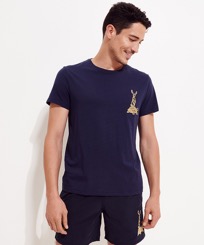 Men Cotton T-Shirt Embroidered The year of the Rabbit Navy front worn view