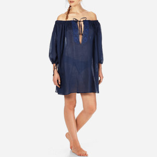 Mujer Vestido Bordado - Vestido en gasa de lino liso con escote bardot para mujer, Azul marino frontworn Mujer Vestido Bordado - Vestido en gasa de lino liso con escote bardot para mujer, Azul marino frontworn