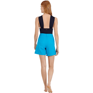 Mujer Autros Liso - Bermudas cortas en lino de color liso para mujer, Hawaii blue backworn Mujer Autros Liso - Bermudas cortas en lino de color liso para mujer, Hawaii blue backworn