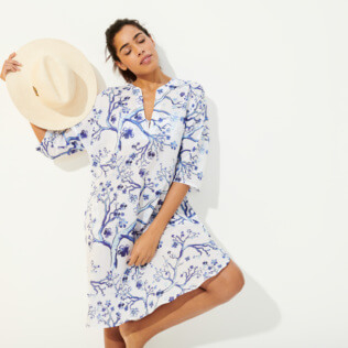 Damen Andere Bedruckt - Cherry Blossom Strandkleid aus Baumwolle für Damen, Sea blue Details Ansicht 3