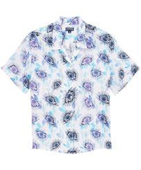 Donna Altri Stampato - Camicia donna in lino a maniche corte Flash Flowers, Purple blue vista frontale