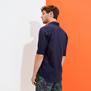 Men Others Solid - Unisex Cotton Shirt Solid, Navy backworn Men Others Solid - Unisex Cotton Shirt Solid, Navy backworn