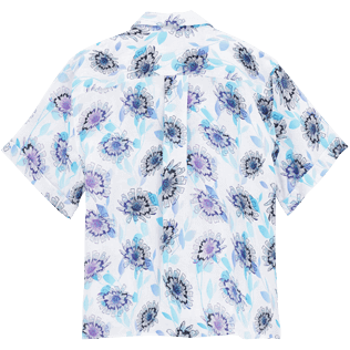 Camisa de lino de manga corta con estampado Flash Flowers para mujer Purple blue vista trasera