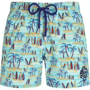 Uomo Classico stretch Stampato - Costume da bagno uomo elasticizzato Palms & Surfs - Vilebrequin x The Beach Boys, Lazulii blue vista frontale