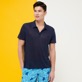 Men Others Solid - Men Linen Jersey Polo Shirt Solid, Navy front worn view Men Others Solid - Men Linen Jersey Polo Shirt Solid, Navy front worn view