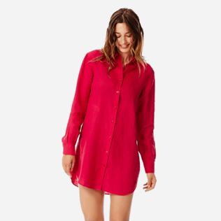 女款 Others 纯色 - 女士纯色长款亚麻衬衫, Gooseberry red frontworn 女款 Others 纯色 - 女士纯色长款亚麻衬衫, Gooseberry red frontworn
