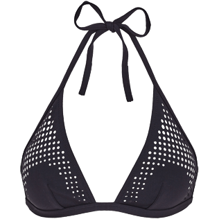 Mujer Halter Liso - Top de bikini anudado alrededor del cuello con estampado Pois cortado a láser para mujer, Negro front Mujer Halter Liso - Top de bikini anudado alrededor del cuello con estampado Pois cortado a láser para mujer, Negro front