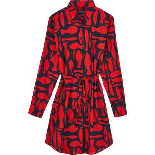 Mujer Vestido Estampado - Vestido camisero largo con estampado Silex Fishes, Amapola front Mujer Vestido Estampado - Vestido camisero largo con estampado Silex Fishes, Amapola front