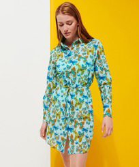 Donna Altri Stampato - Women Cotton Shirt Dress Butterflies, Laguna vista frontale indossata
