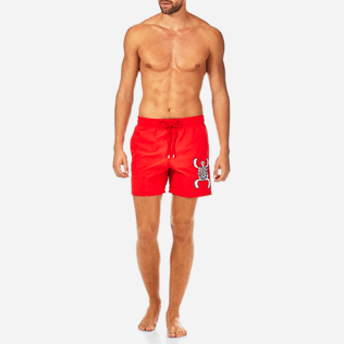 Men Classic / Moorea Embroidered - Primitive Turtle Placed Embroidery Swim shorts, Poppy red frontworn Men Classic / Moorea Embroidered - Primitive Turtle Placed Embroidery Swim shorts, Poppy red frontworn