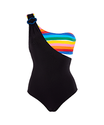 Donna Intero Unita - Costume intero donna asimmetrico a fascia Rainbow - Vilebrequin x JCC+ - Edizione limitata, Multicolore vista frontale