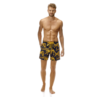 Men Classic / Moorea Embroidered - All Over Palm Trees Embroidery Swimwear, Navy frontworn Men Classic / Moorea Embroidered - All Over Palm Trees Embroidery Swimwear, Navy frontworn