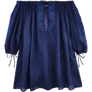 Mujer Vestido Bordado - Vestido en gasa de lino liso con escote bardot para mujer, Azul marino front Mujer Vestido Bordado - Vestido en gasa de lino liso con escote bardot para mujer, Azul marino front