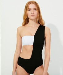 Women Asymmetrical Solid - Women Asymmetric One-piece Swimsuit Solid, Black/white front worn view