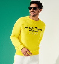 Men cotton crewneck sweatshirt solid Lemon front worn view