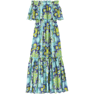 Damen Andere Bedruckt - Schulterfreies Kaleidoscope Kleid aus Baumwolle für Damen, Lagune Vorderansicht
