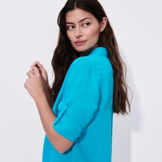Mujer Autros Liso - Vestido camisero de lino de color liso para mujer, Curazao detalles vista 3