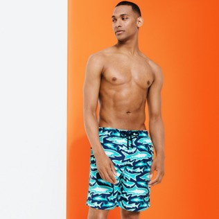 Men Long classic Printed - Men Long Swim Shorts Requins 3D, Navy front worn view