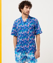 Uomo Altri Stampato - Camicia bowling uomo in lino e cotone Paradise Vintage, Purple blue vista frontale indossata
