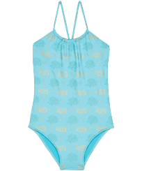 Girls Swimwear Iridescent Flowers of Joy Lazulii blue front view
