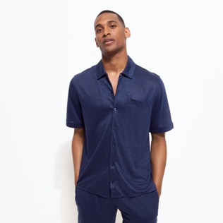 Men Others Solid - Unisex Linen Bowling Shirt Solid, Navy front worn view