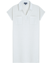 Women Linen Long Polo Dress Solid White front view