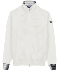 Others 纯色 - Men High-neck Zippered Cotton Cashmere Cardigan, Off white 正面图