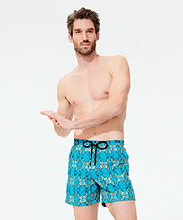 Men Classic Embroidered - Men Swimwear Embroidered Sweet Fishes - Limited Edition, Light azure front worn view