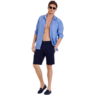 Hombre Autros Liso - Camisa en lino de algodón liso para hombre, Azul neptuno supp2 Hombre Autros Liso - Camisa en lino de algodón liso para hombre, Azul neptuno supp2