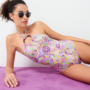Damen Einteiler Bedruckt - Rainbow Flowers Badeanzug für Damen mit tiefem Rückenausschnitt, Cyclamen Details Ansicht 4