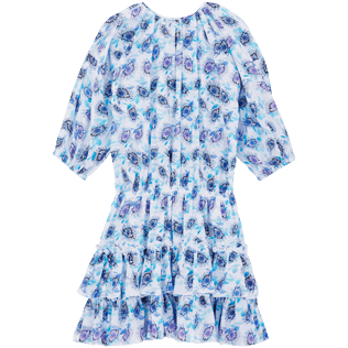 Women Short Ruffles Cotton Dress Flash Flowers Purple blue back view