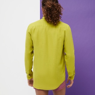 Hombre Autros Liso - Camisa de lino lisa para hombre, Matcha vista trasera desgastada