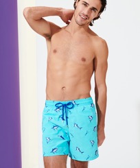 Men Classic Embroidered - Men Swim Trunks Embroidered 2009 Les Requins - Limited Edition, Lazulii blue front worn view
