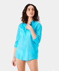 Hombre Autros Liso - Camisa en gasa de algodón de color liso unisex, Celeste mujeres vista frontal desgastada